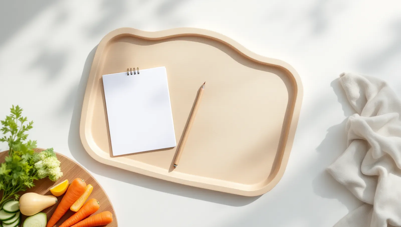 Un carnet ouvert à côté d’une planche de légumes frais et d’une assiette vide
