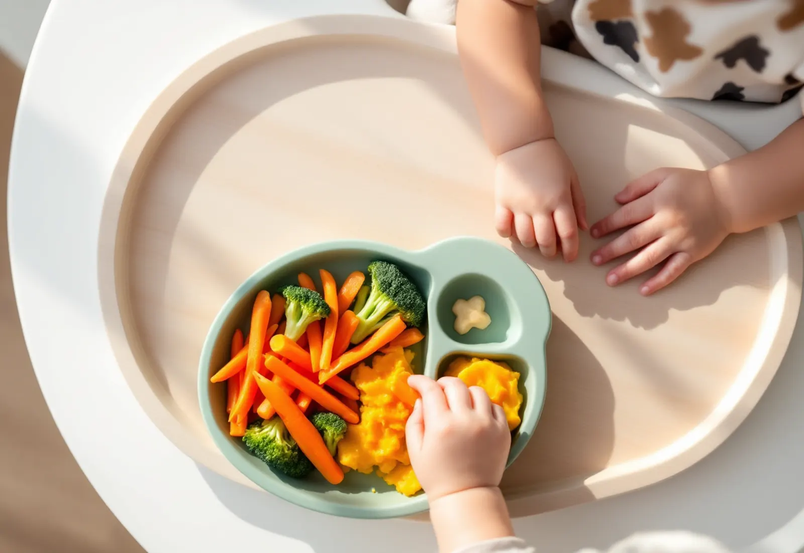 Une assiette ventouse à compartiments garnie de légumes maison sur une tablette de chaise haute, une petite main attrape un bâtonnet de carotte