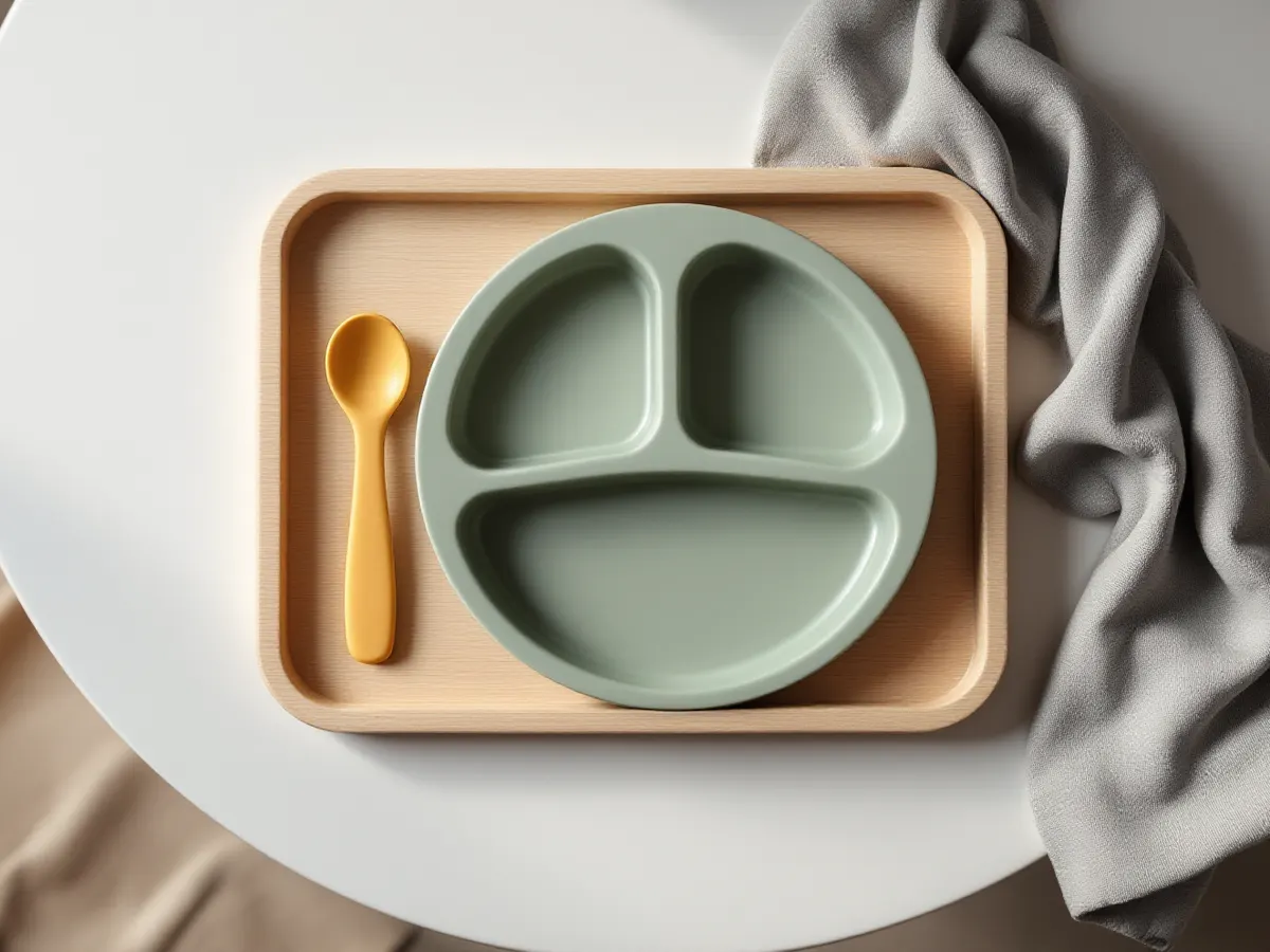 Une assiette ventouse vide et une cuillère posées côte à côte, prêtes pour le repas