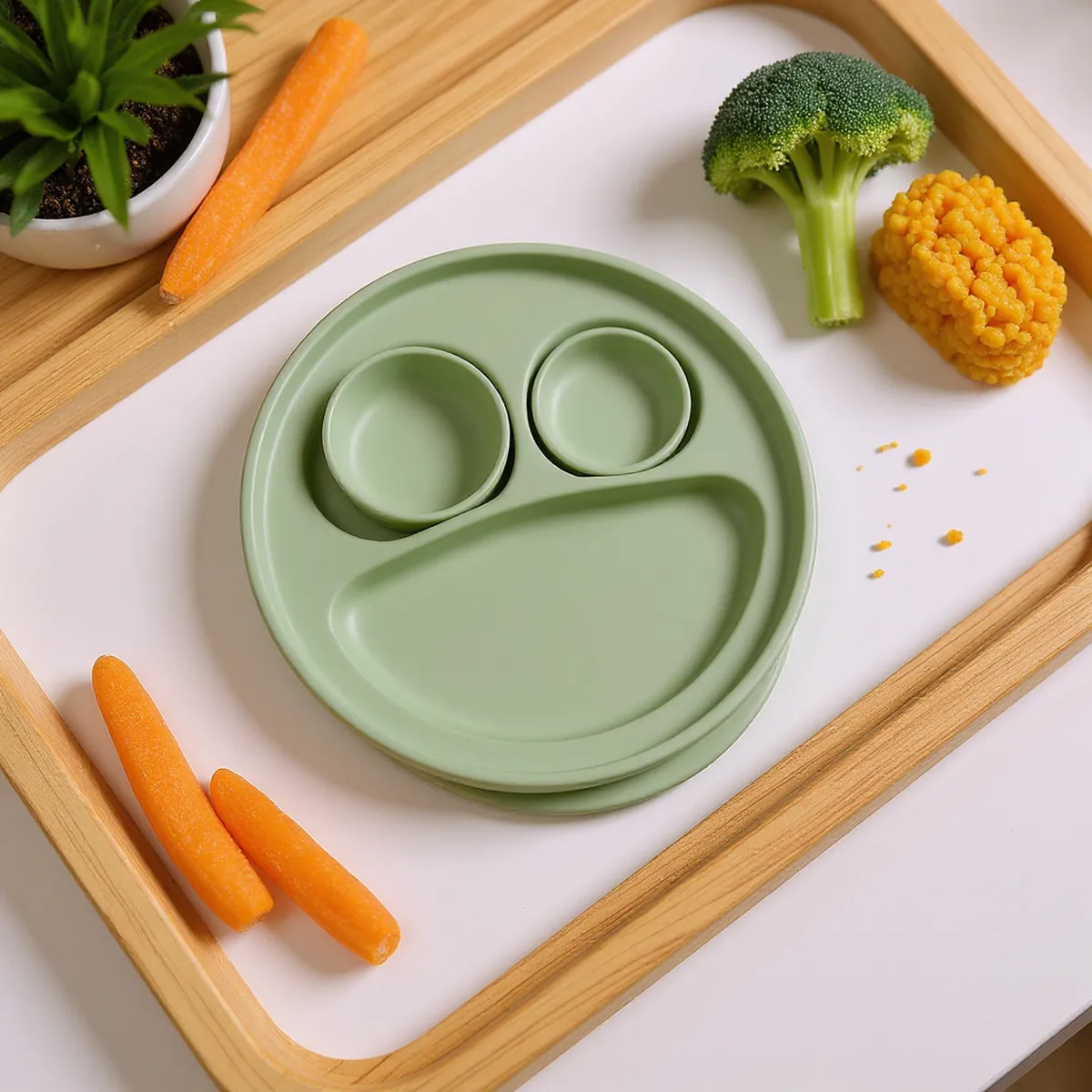 Assiette ventouse 3 compartiments — Sauge — en situation