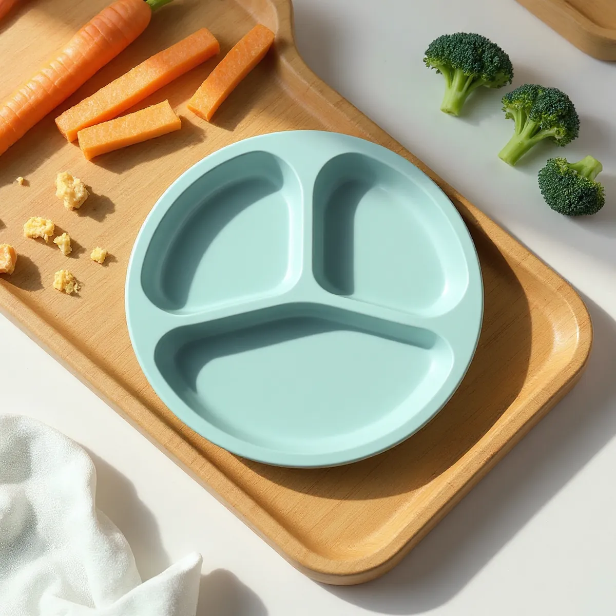 Assiette ventouse 3 compartiments — Bleu brume — en situation
