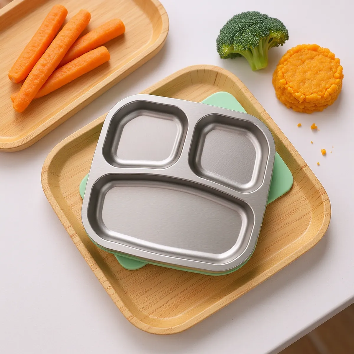 Assiette inox compartimentée — en situation