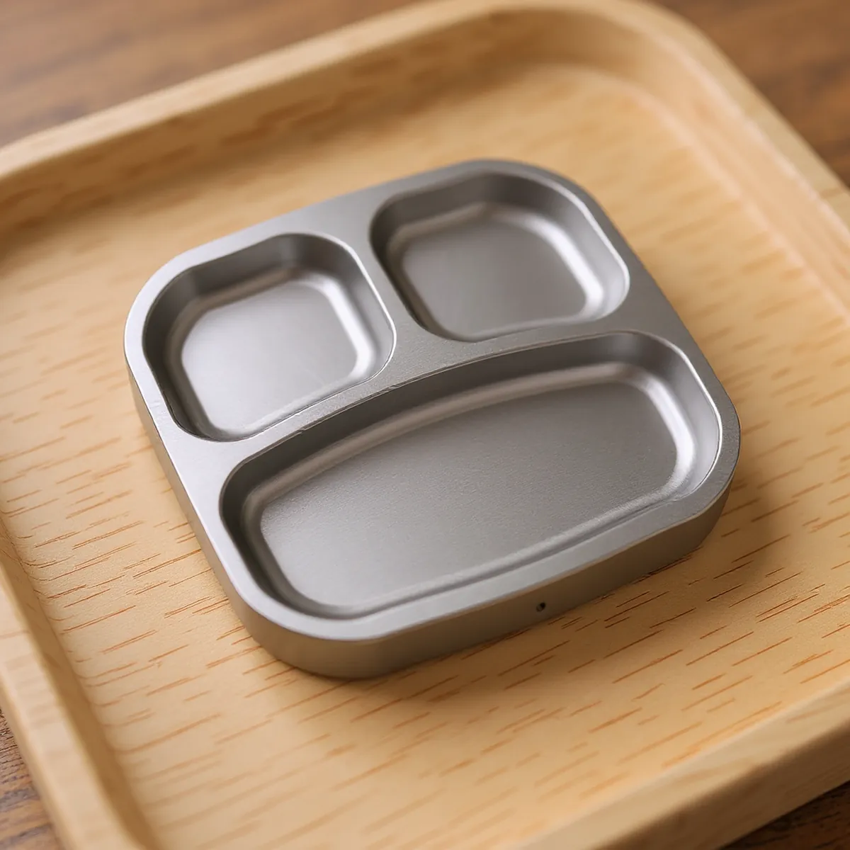 Assiette inox compartimentée — détail de la matière