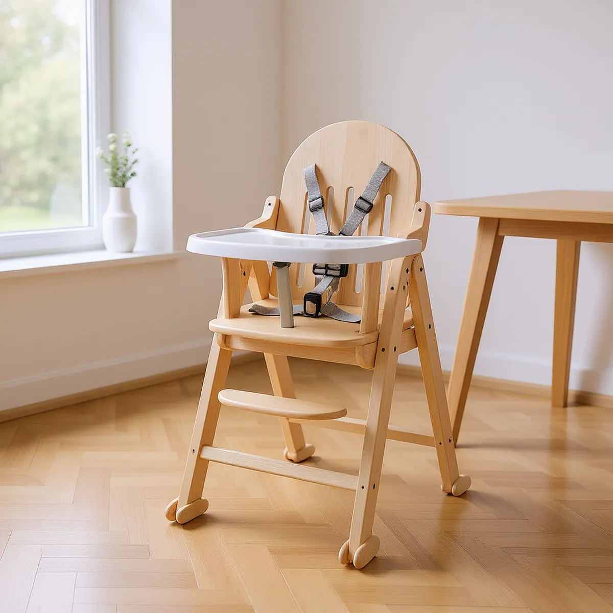 Chaise haute évolutive en bois — en situation